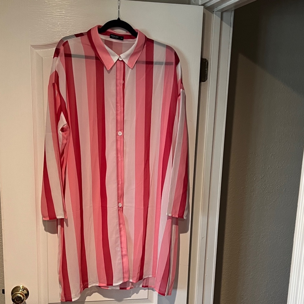 SHEIN Pink and White Striped Tunic Top